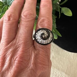 Black Enamel Spiral With Crystals Set in Sterling Silver 925. Size 6.75